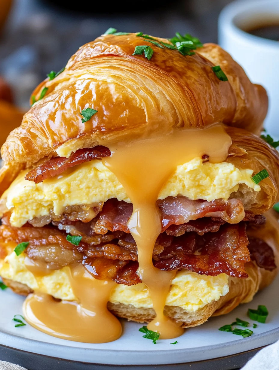 A croissant sandwich with maple mustard drizzled on top.