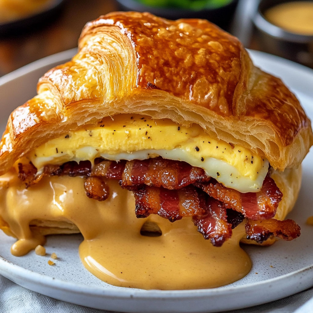 A croissant sandwich with bacon and maple mustard.