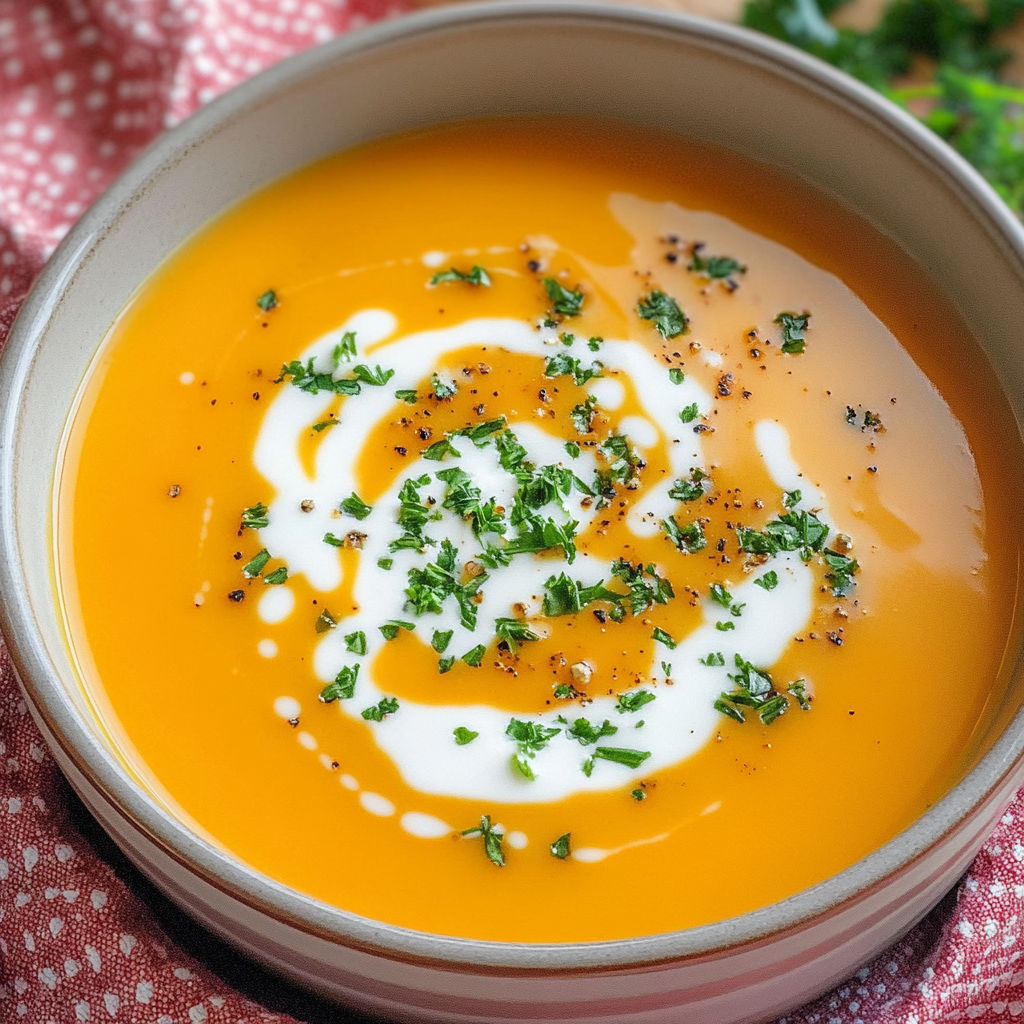 A bowl of creamy soup with a spoon in it.
