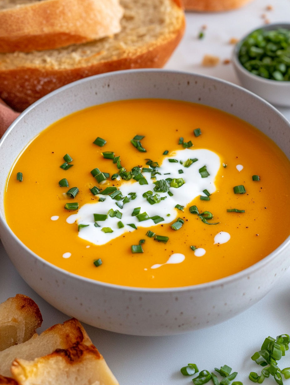 A bowl of creamy soup with green garnish.