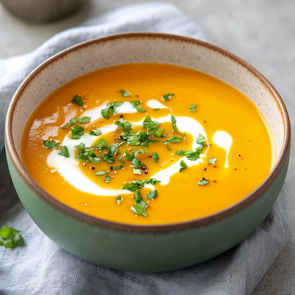A bowl of creamy soup with green herbs on top.