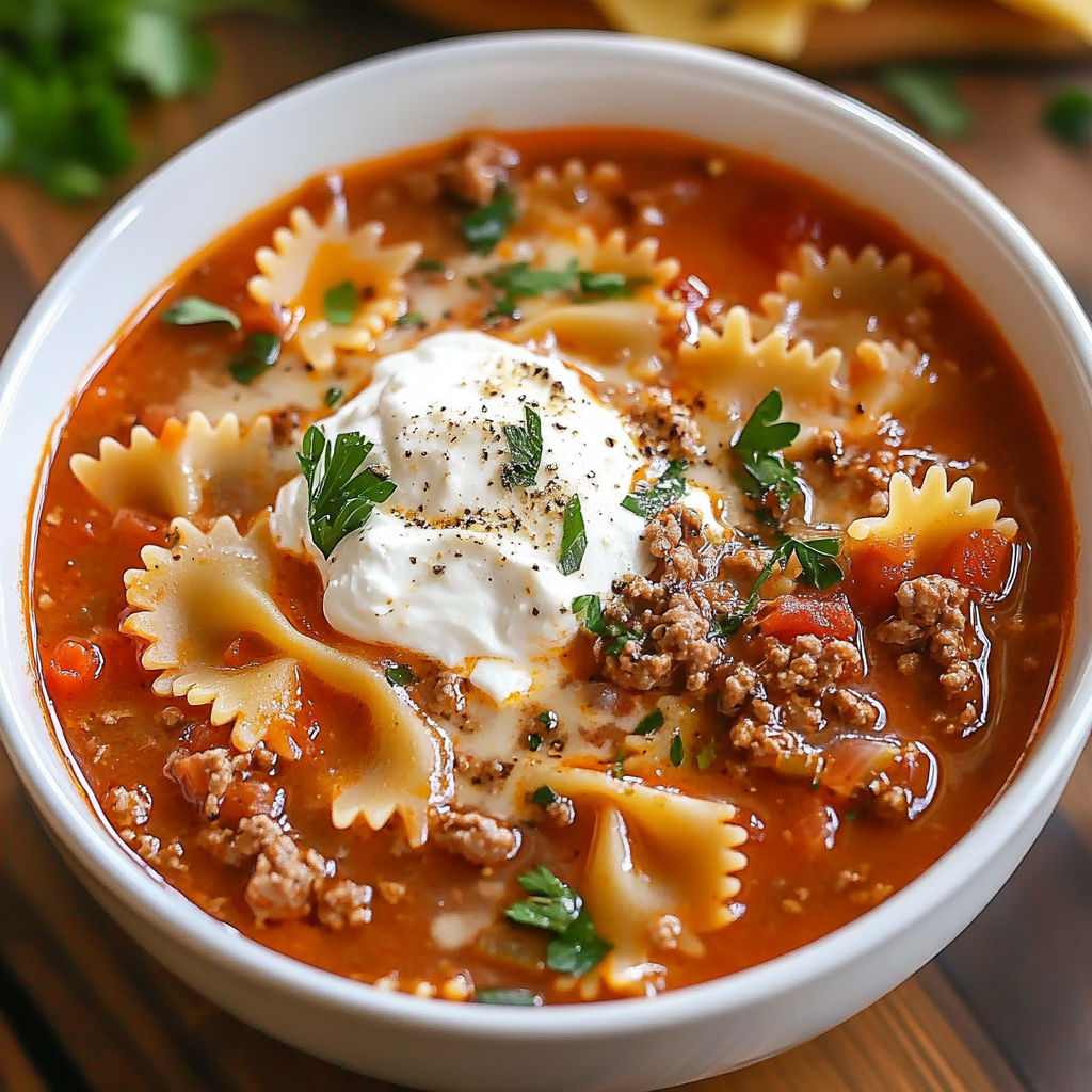 A bowl of hearty lasagna soup with bow tie pasta.
