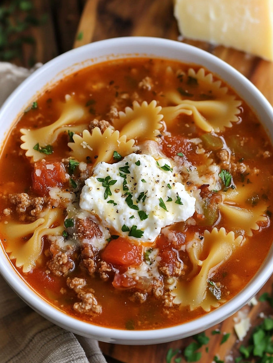 A bowl of hearty lasagna soup with bow tie pasta.