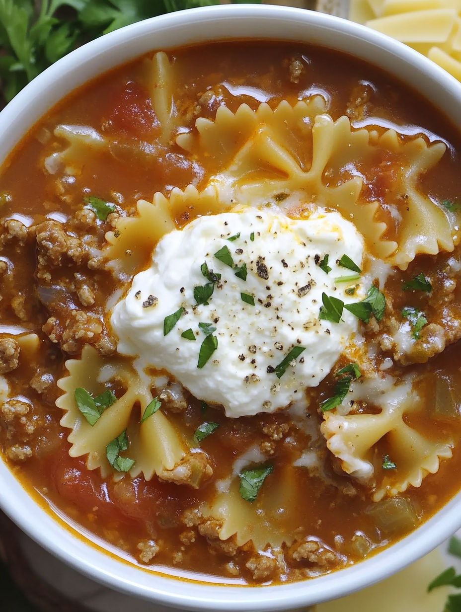 A bowl of hearty lasagna soup with bow tie pasta.