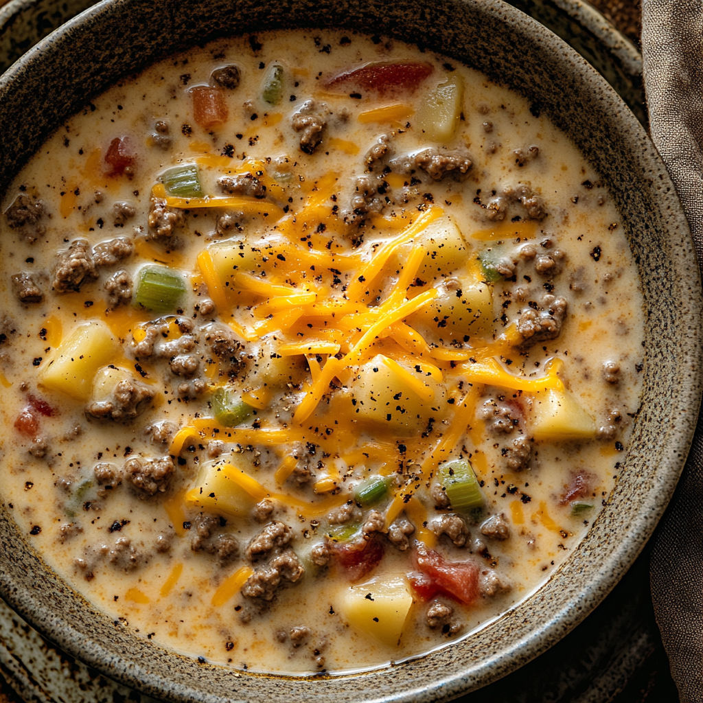 A bowl of cheeseburger soup.