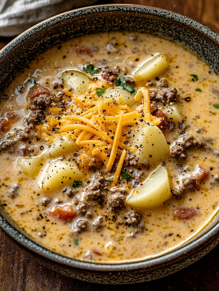 A bowl of soup with cheeseburger and potatoes.
