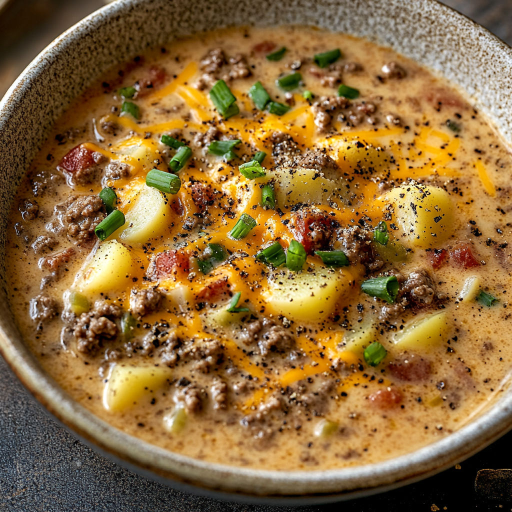 A bowl of soup with cheeseburger and potatoes.