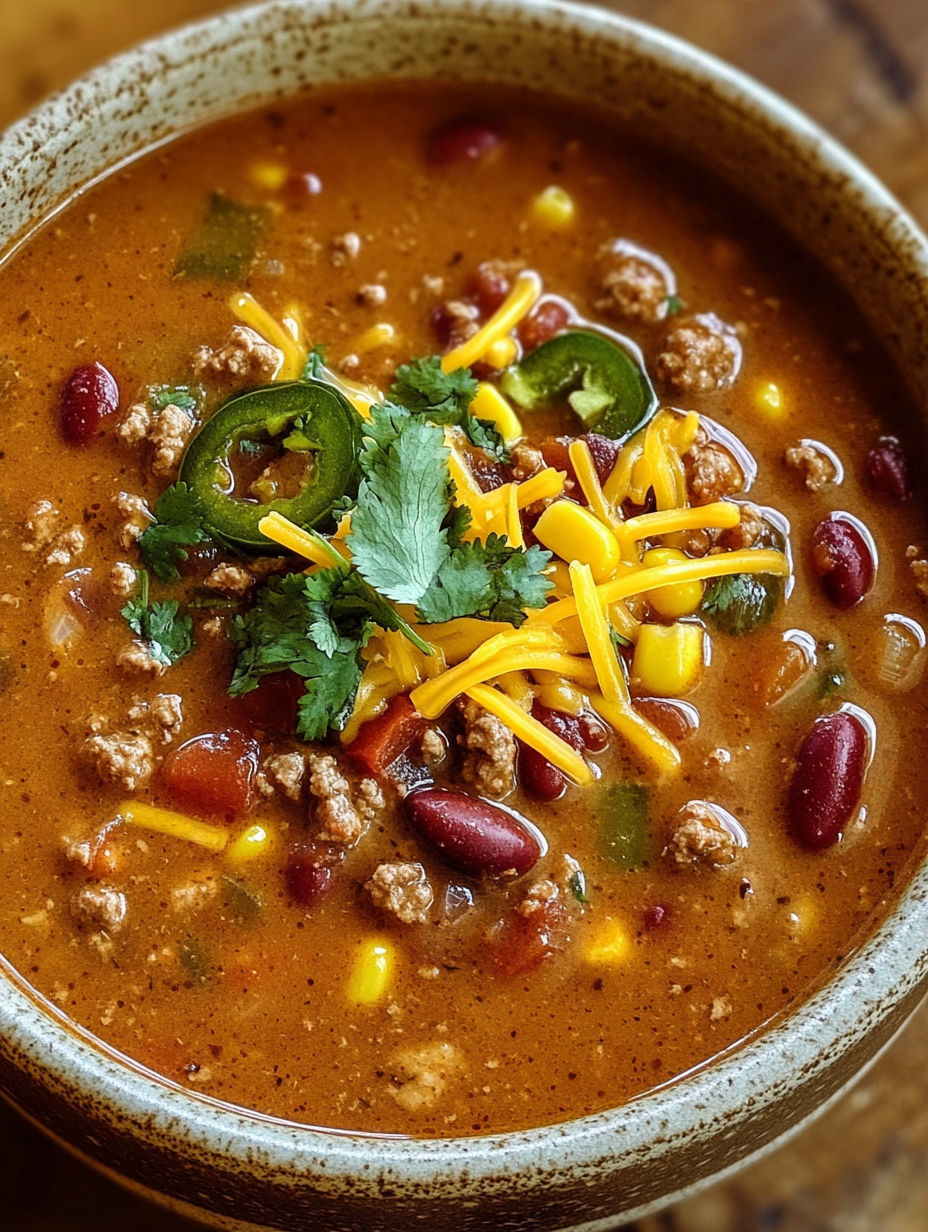 A bowl of creamy beef taco soup.