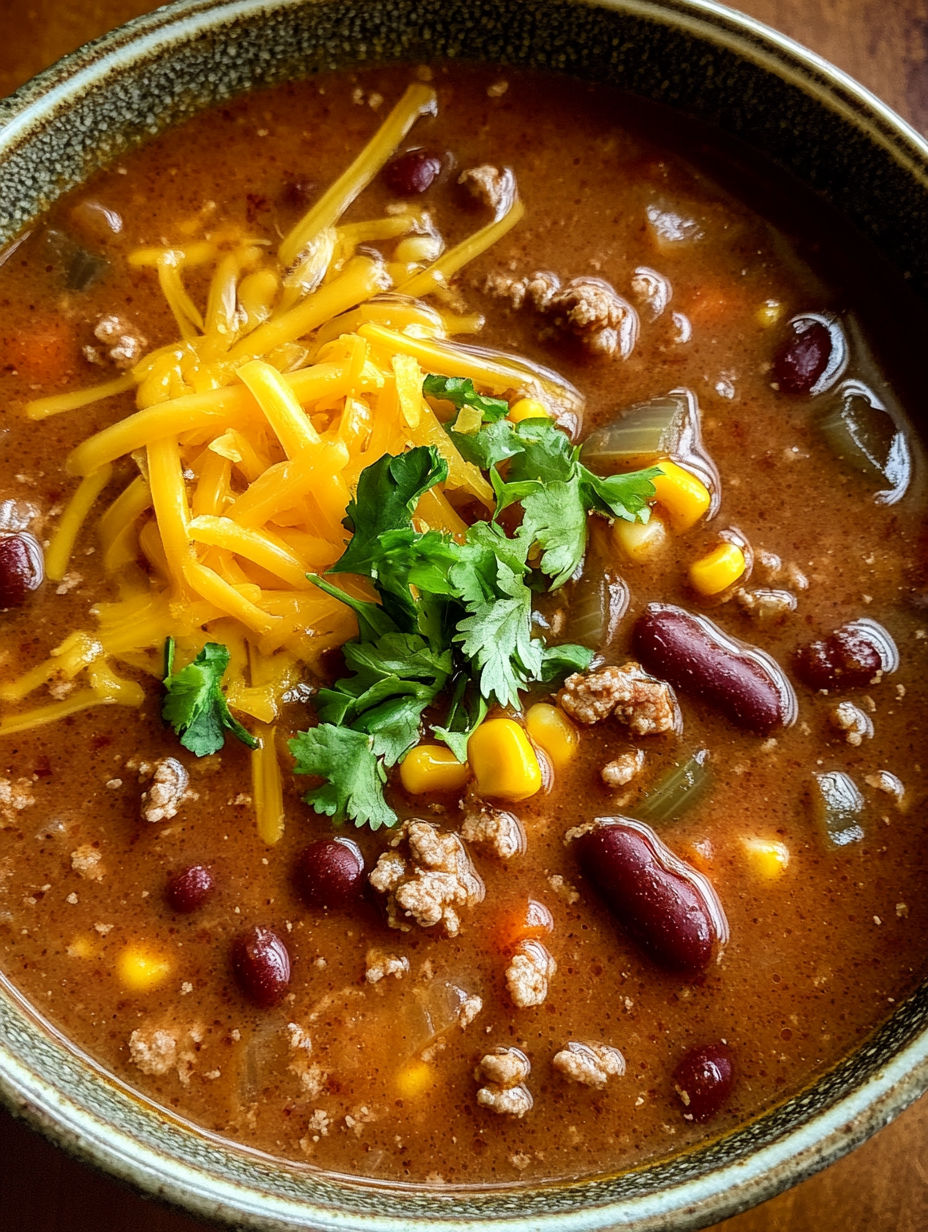 A bowl of creamy beef taco soup.