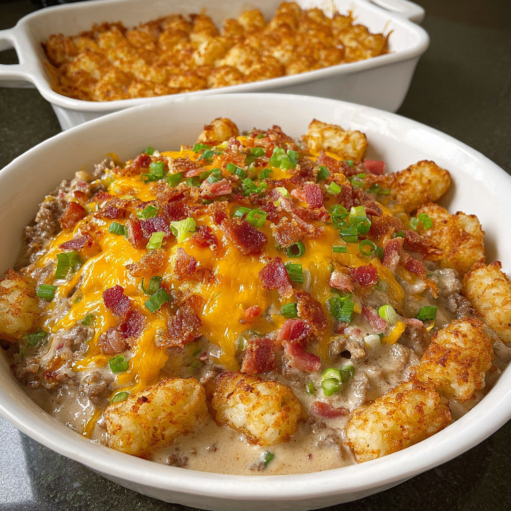 A dish of sausage gravy and tater tots.
