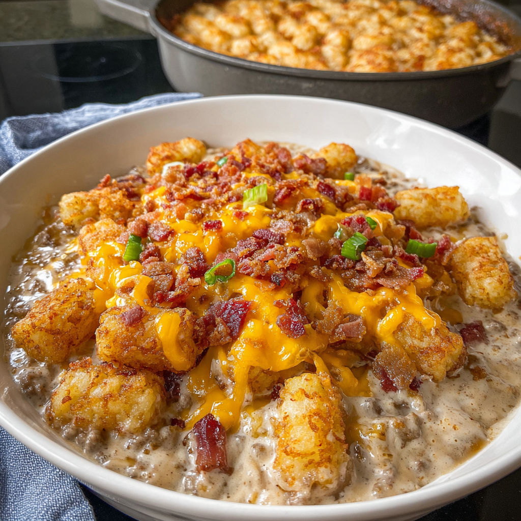 A white bowl filled with sausage, cheese, and tater tots.