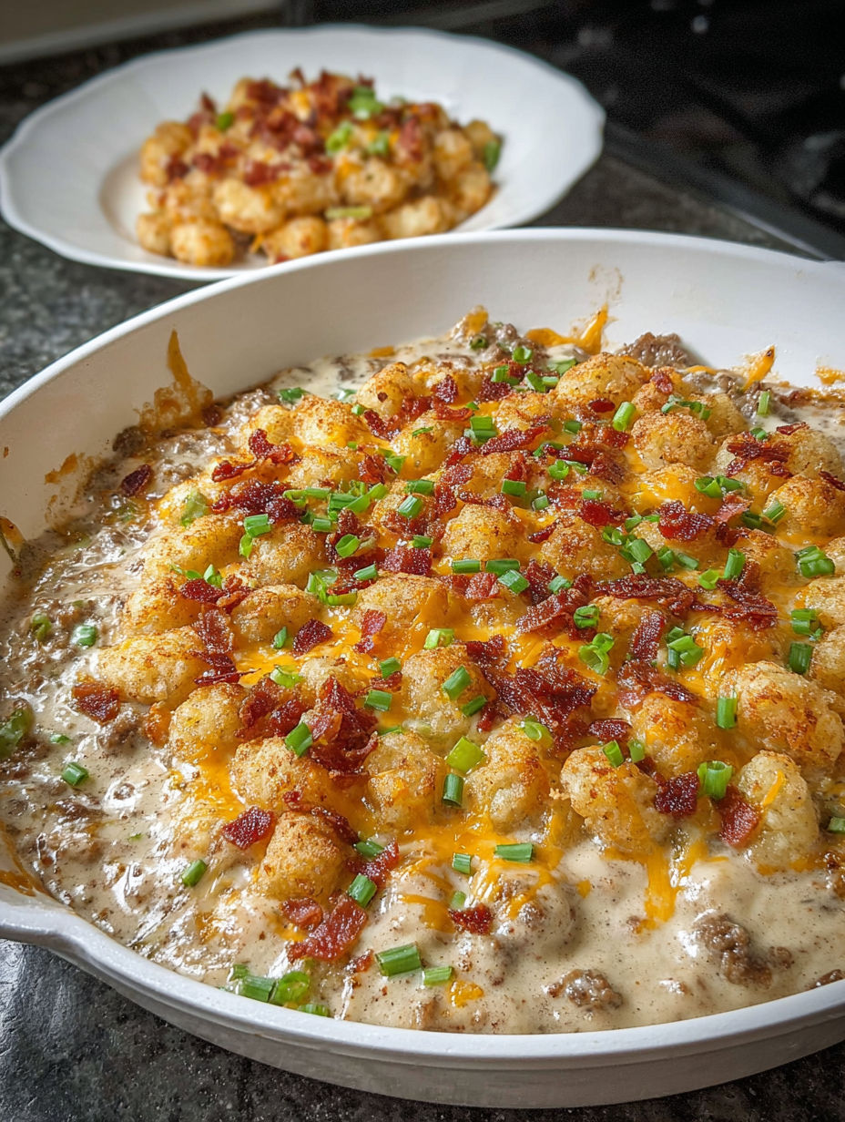A white bowl filled with sausage gravy and tater tots.