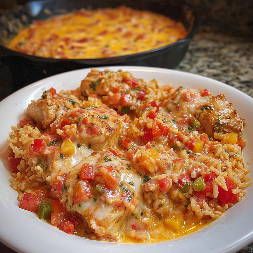 A plate of rice, chicken, and cheese salsa.