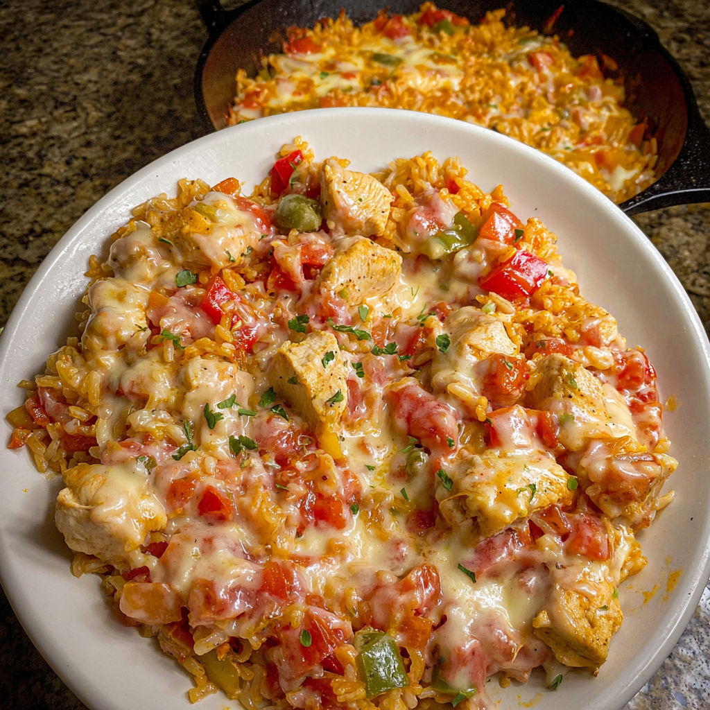 A plate of rice, chicken, and cheese.