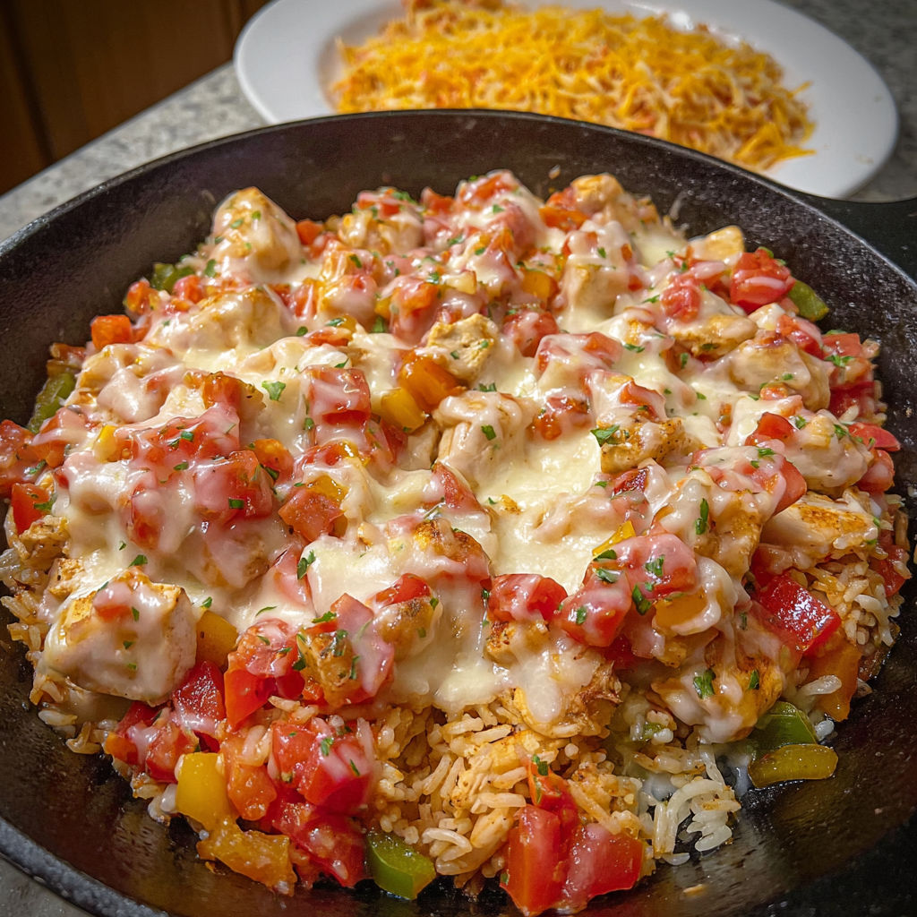 A plate of food with rice, chicken, and tomatoes.