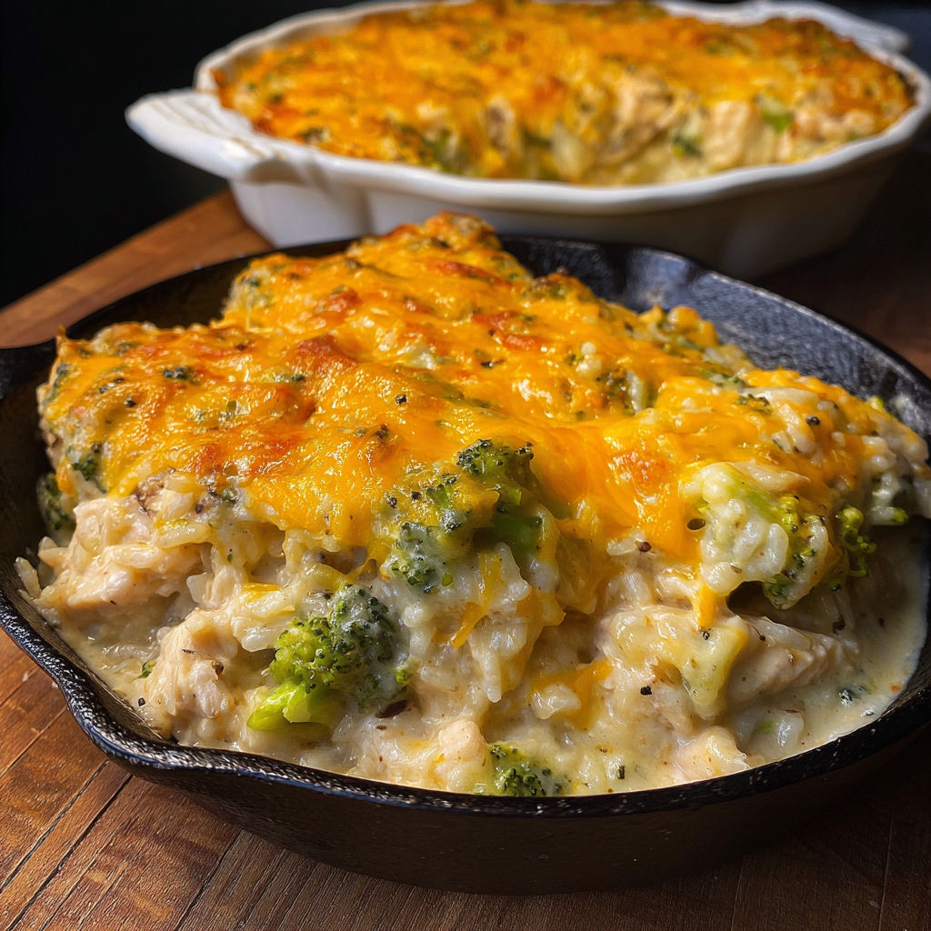 A dish of cheesy chicken broccoli rice casserole.