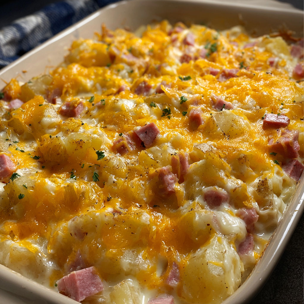 A cheesy ham and potato casserole.