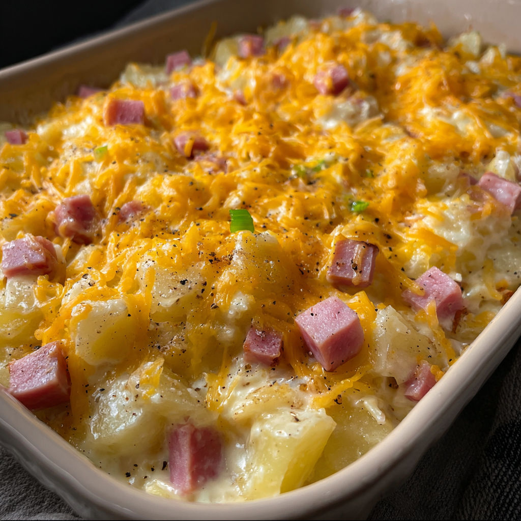 A cheesy ham and potato casserole.
