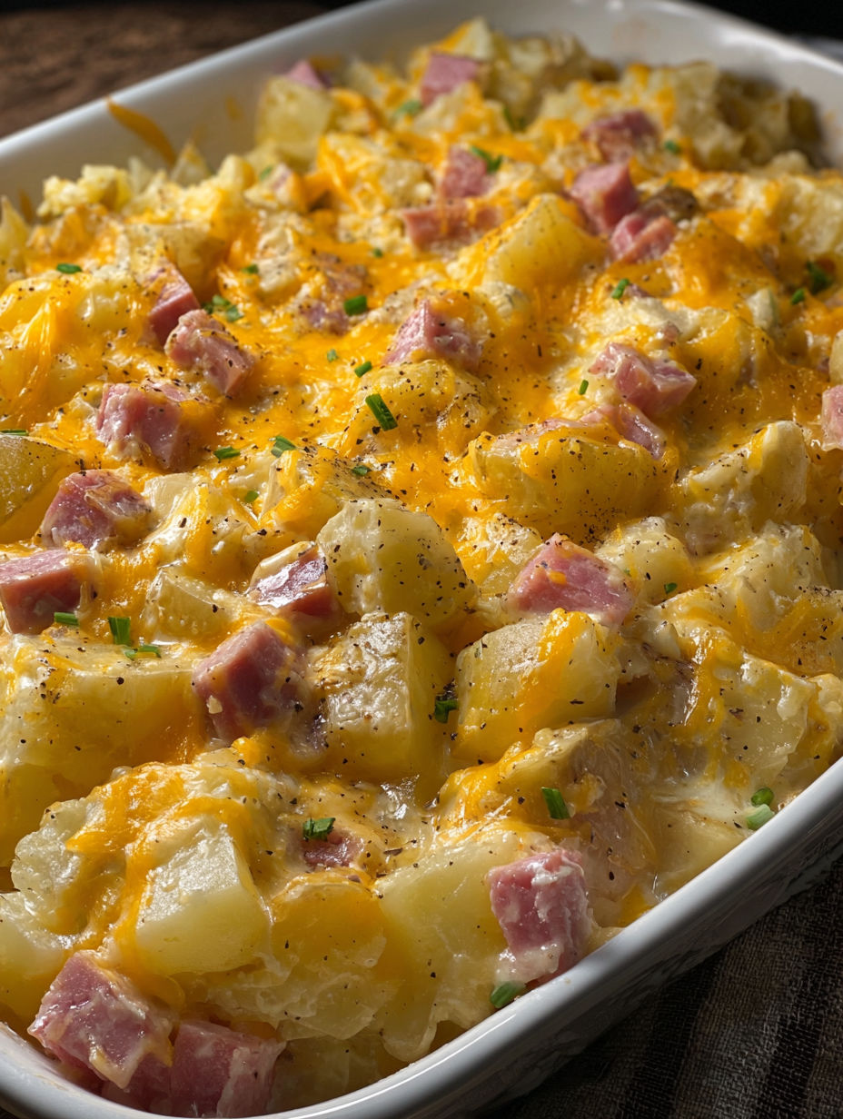 A cheesy ham and potato casserole.