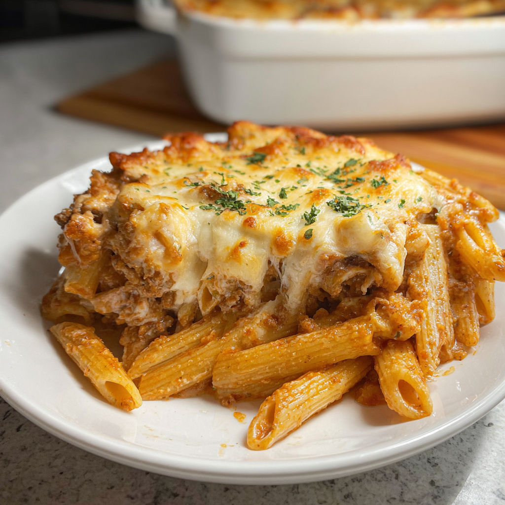 A plate of Million Dollar Baked Ziti.