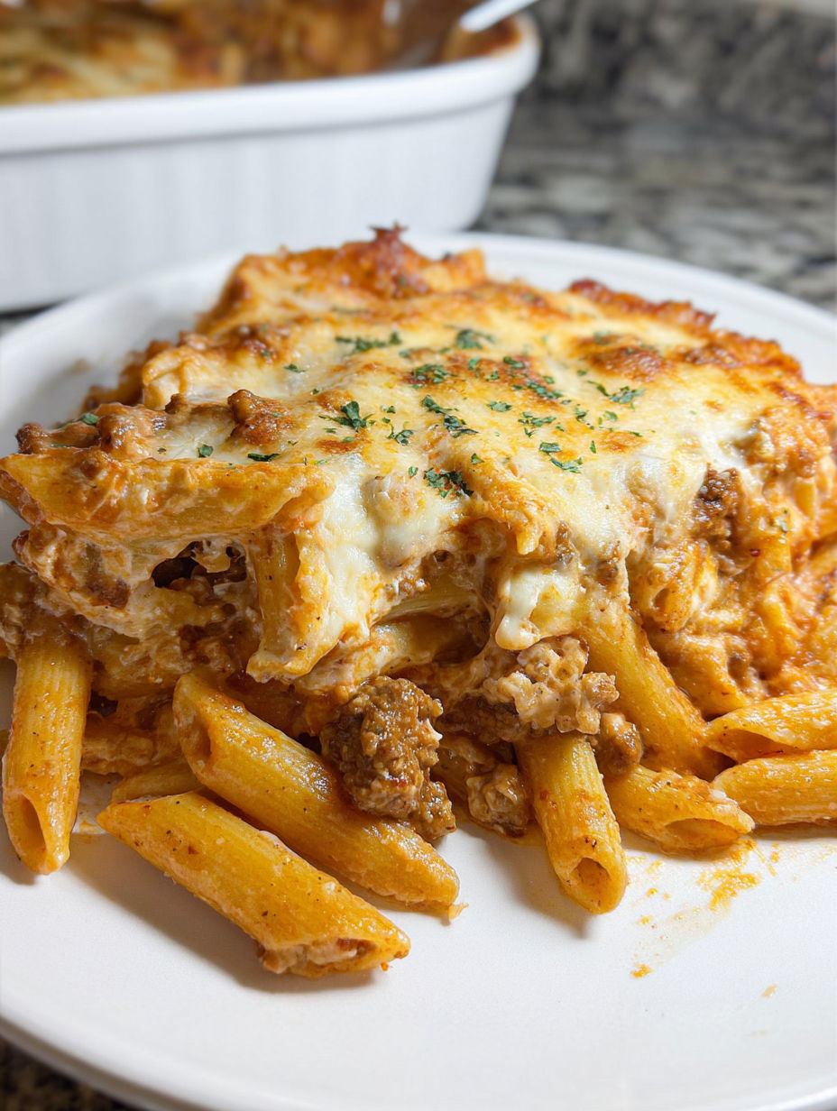 A plate of Million Dollar Baked Ziti.
