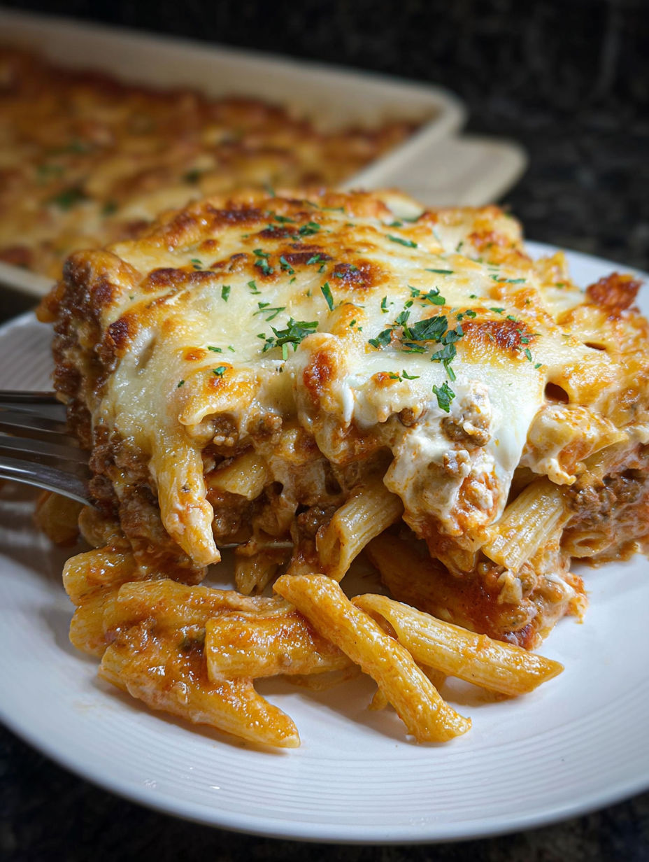 A plate of Million Dollar Baked Ziti.