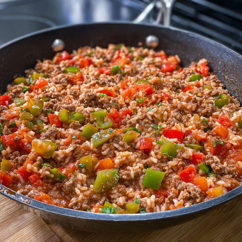 A skillet filled with rice and vegetables.