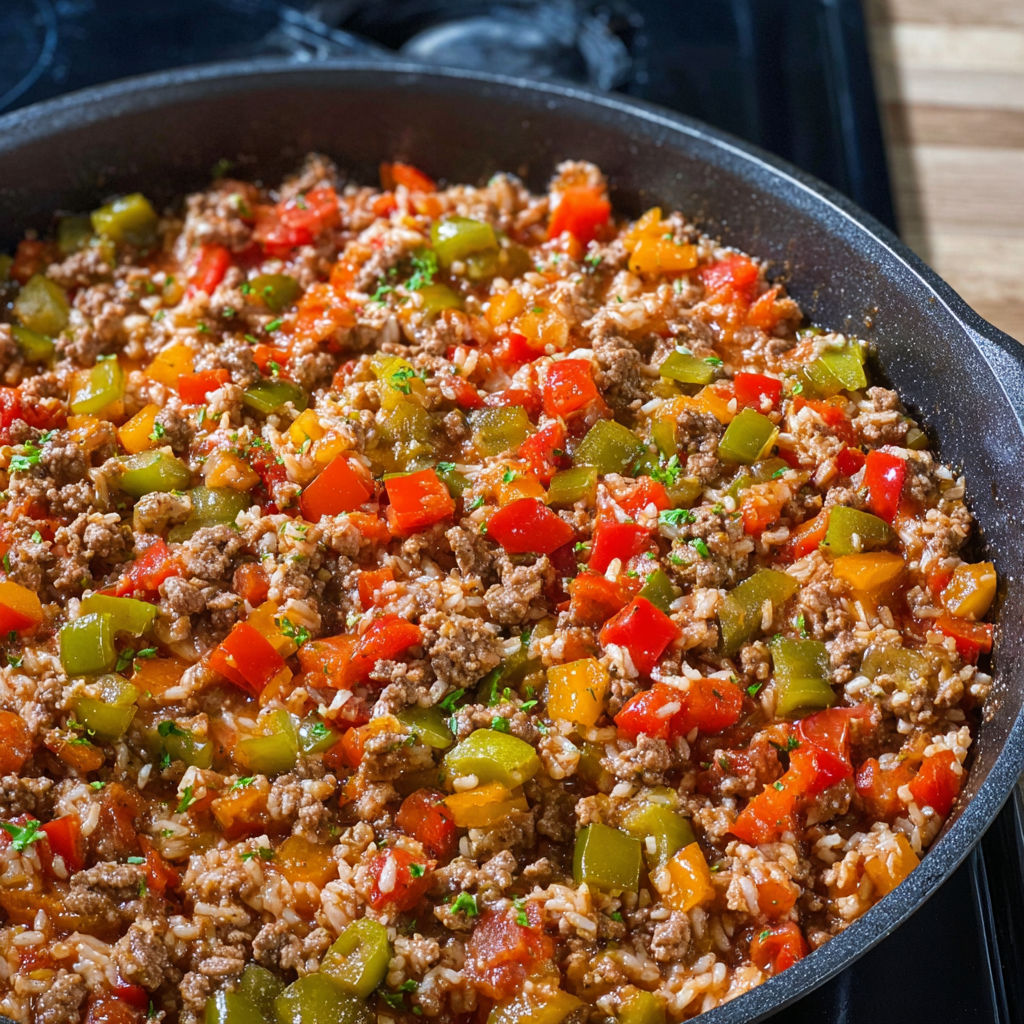 A skillet filled with rice and vegetables.