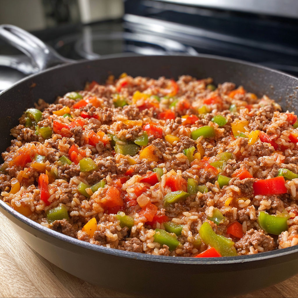 A skillet filled with rice and vegetables.