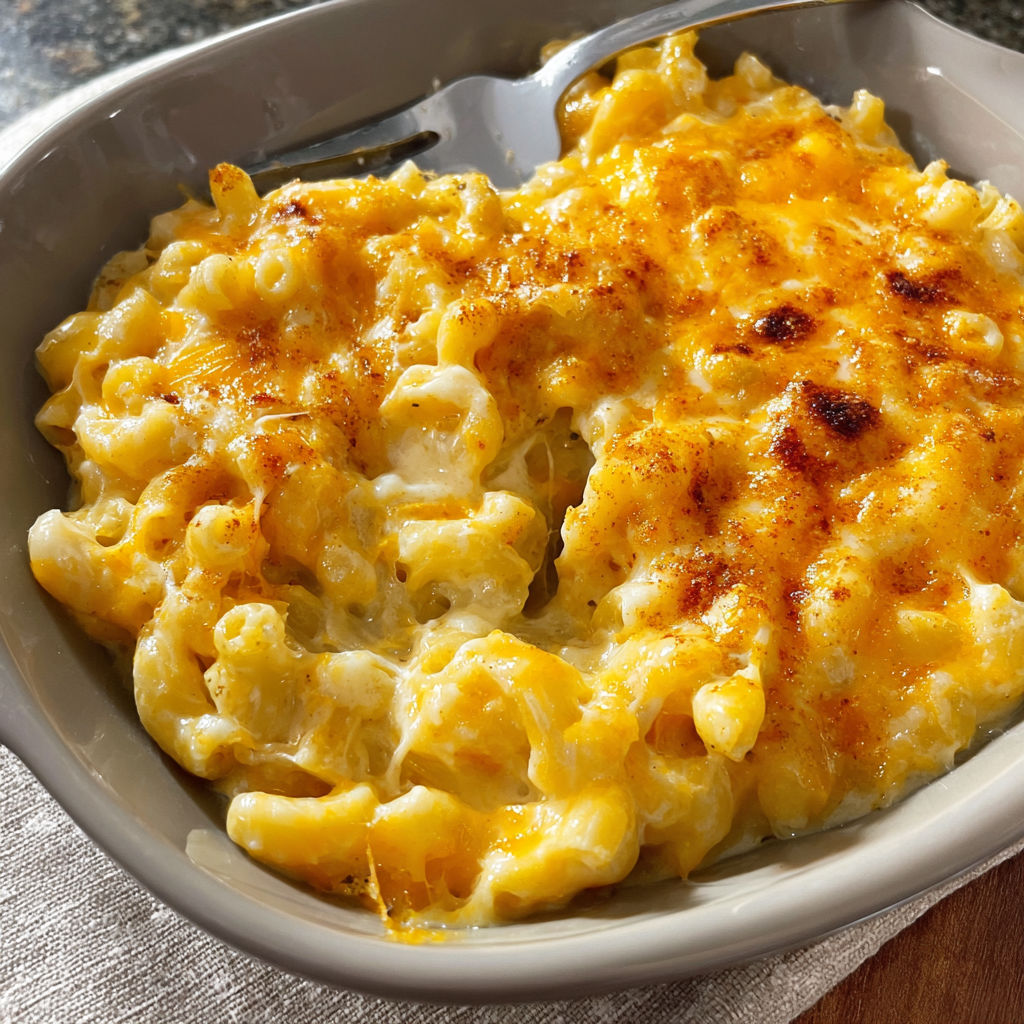 A bowl of macaroni and cheese with a spoon in it.