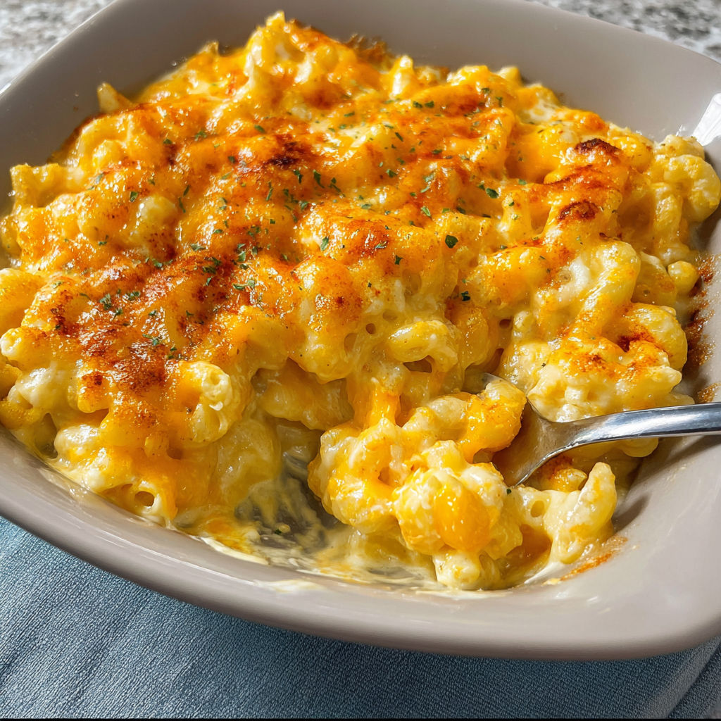 A bowl of macaroni and cheese.
