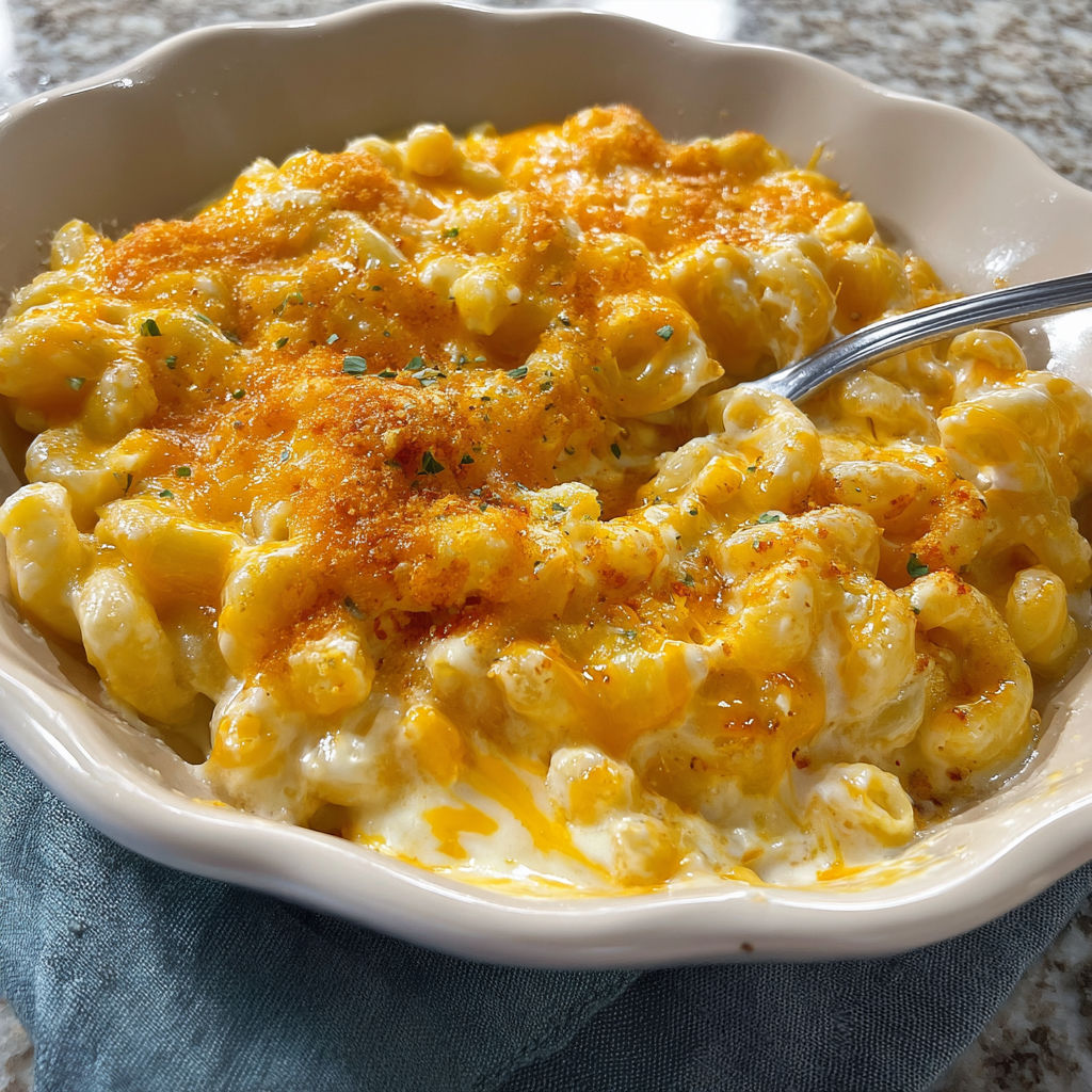 A bowl of macaroni and cheese.
