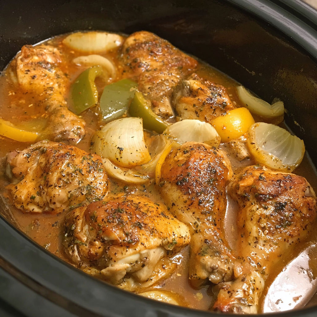 A crockpot filled with smothered chicken legs.