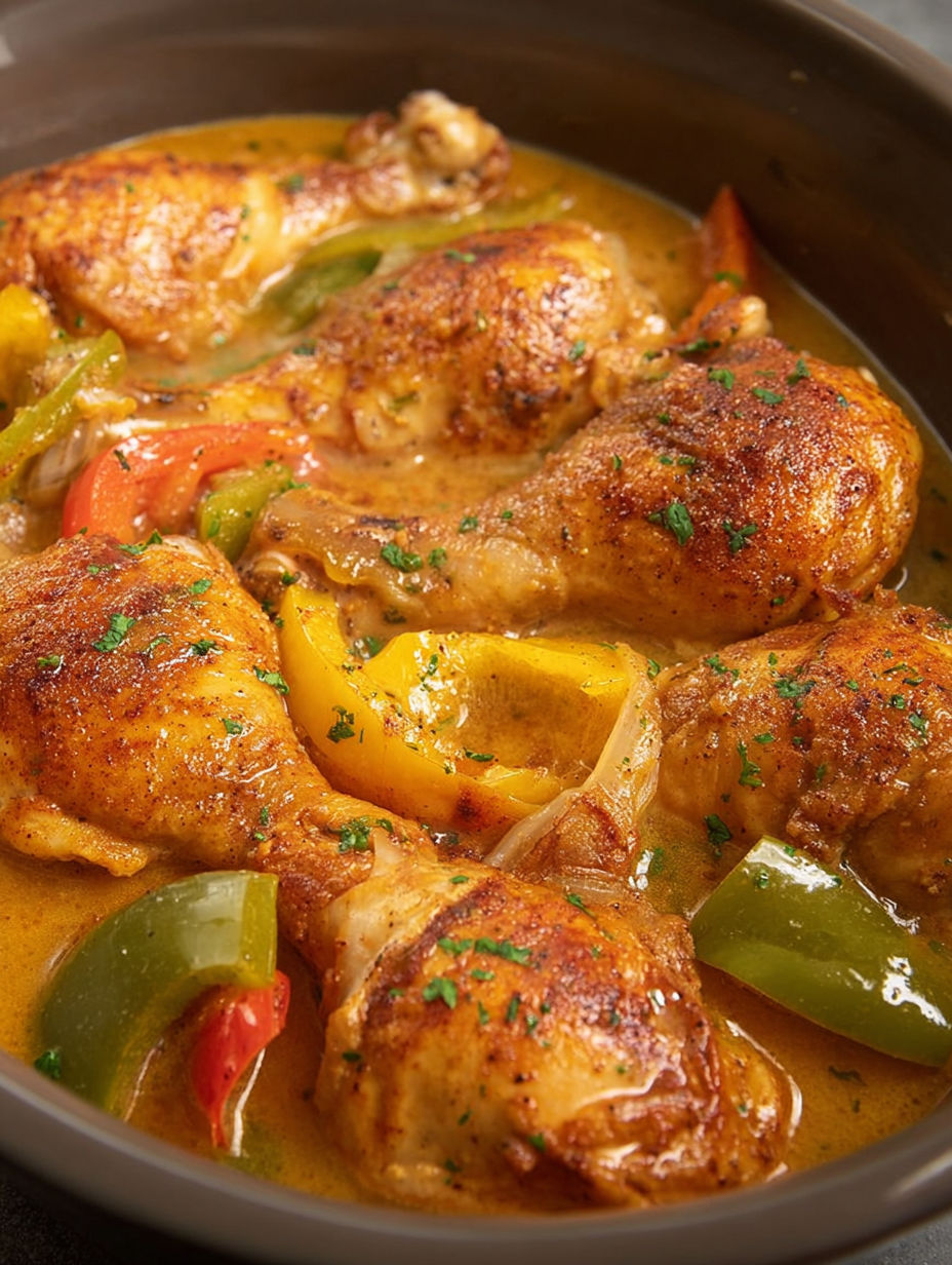 Chicken legs in a crockpot with peppers and onions.