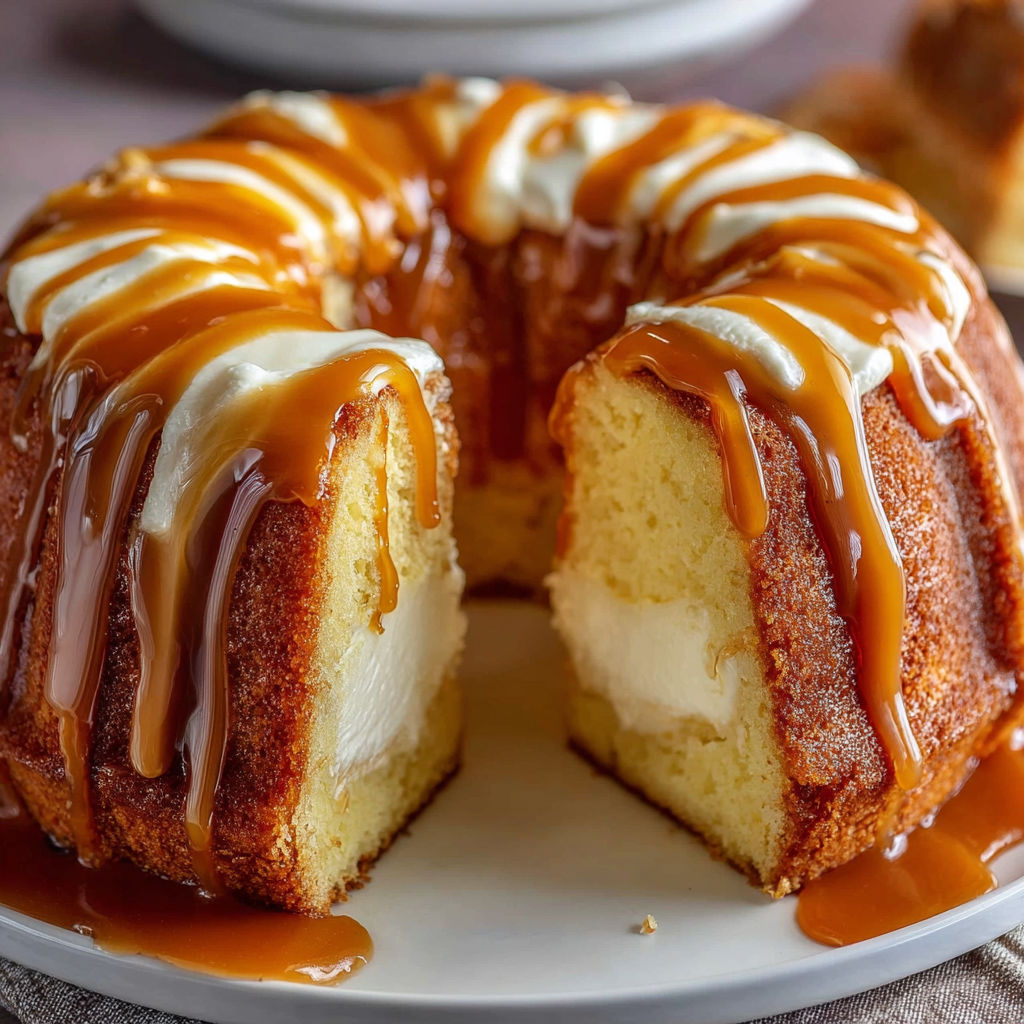 A slice of caramel cream cheese pound cake.
