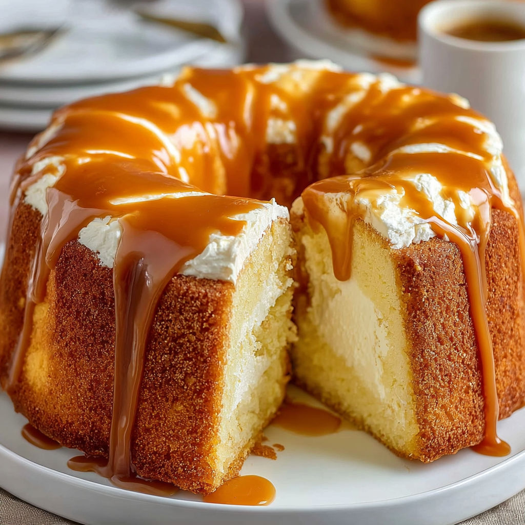 A slice of caramel cream cheese pound cake.
