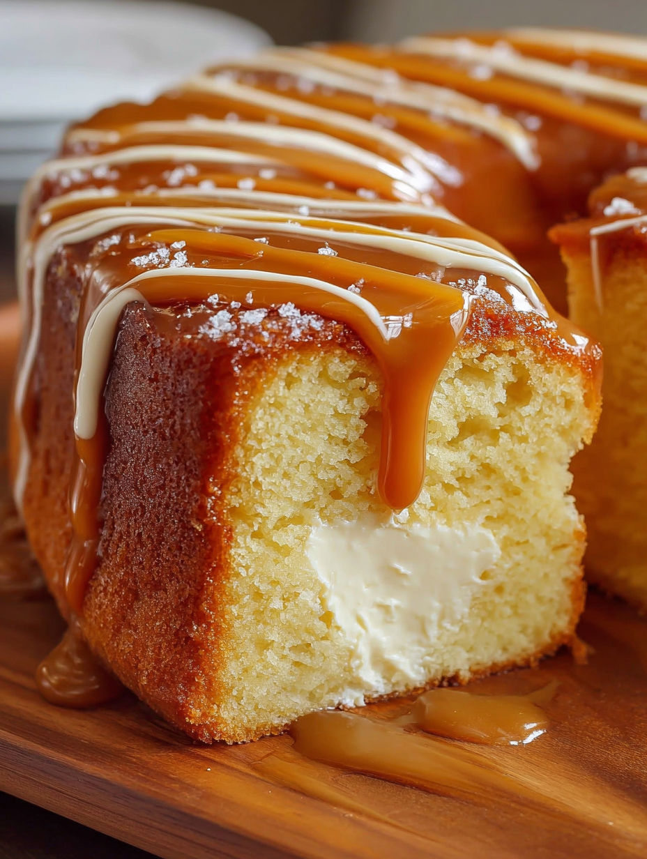 A slice of caramel cream cheese pound cake.