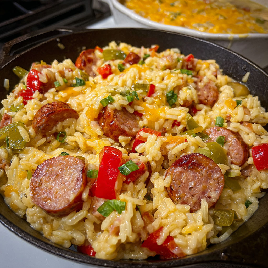 A delicious cheesy Cajun sausage and rice dish.