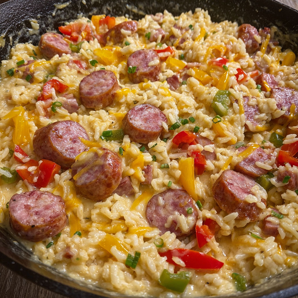A bowl of rice and sausage.