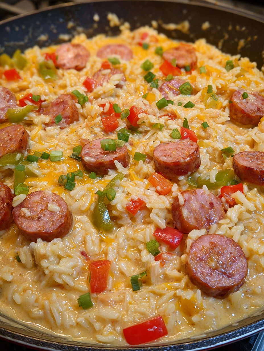 A plate of cheesy cajun sausage and rice.