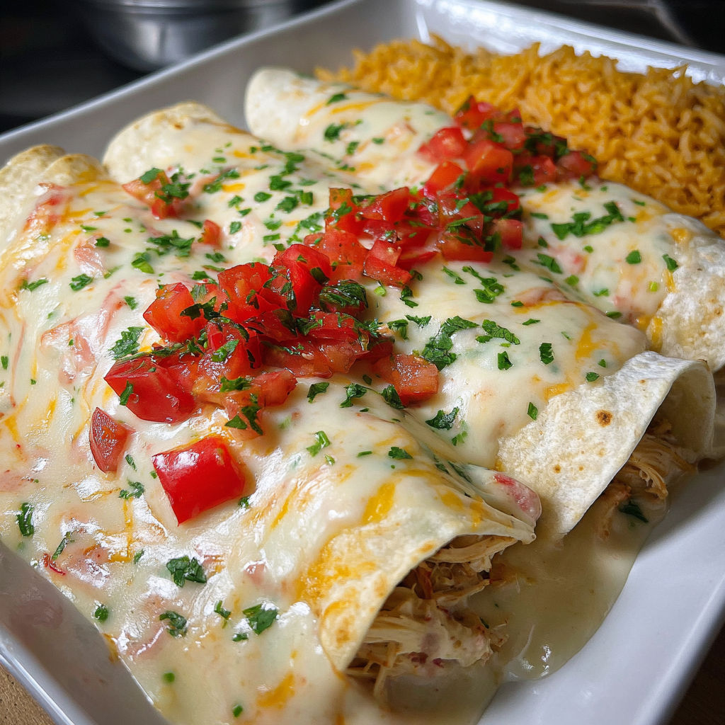A plate of queso chicken enchiladas.