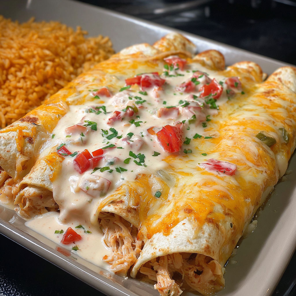 A plate of queso chicken enchiladas.