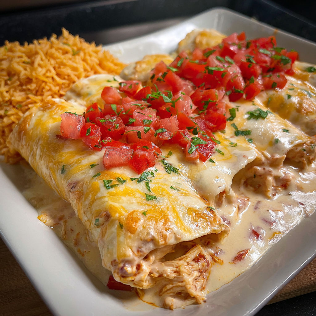 A plate of Queso Chicken Enchiladas.