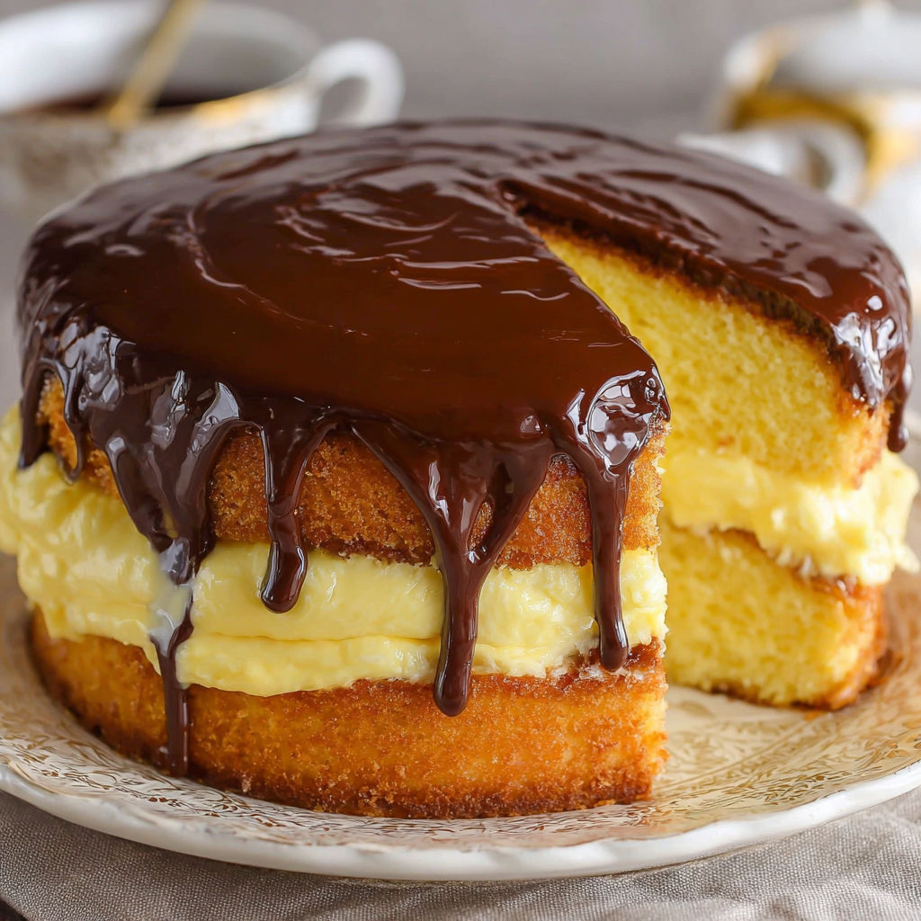 A slice of Boston Cream Pie Cake.