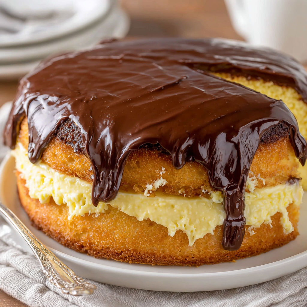 A slice of chocolate covered Boston Cream Pie.