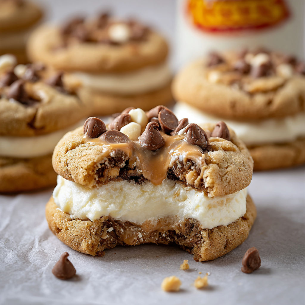A chocolate chip cookie with white icing.