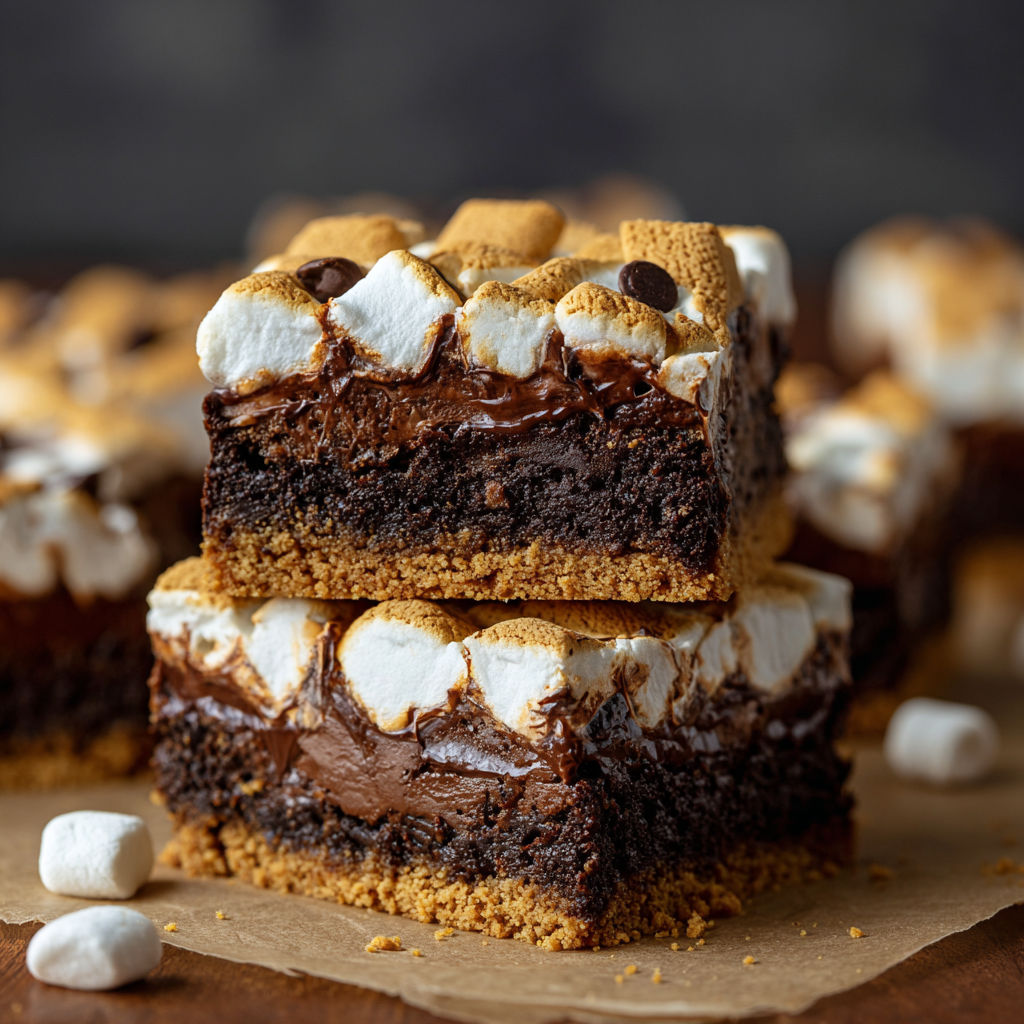 A close up of a chocolate brownie with marshmallows on top.