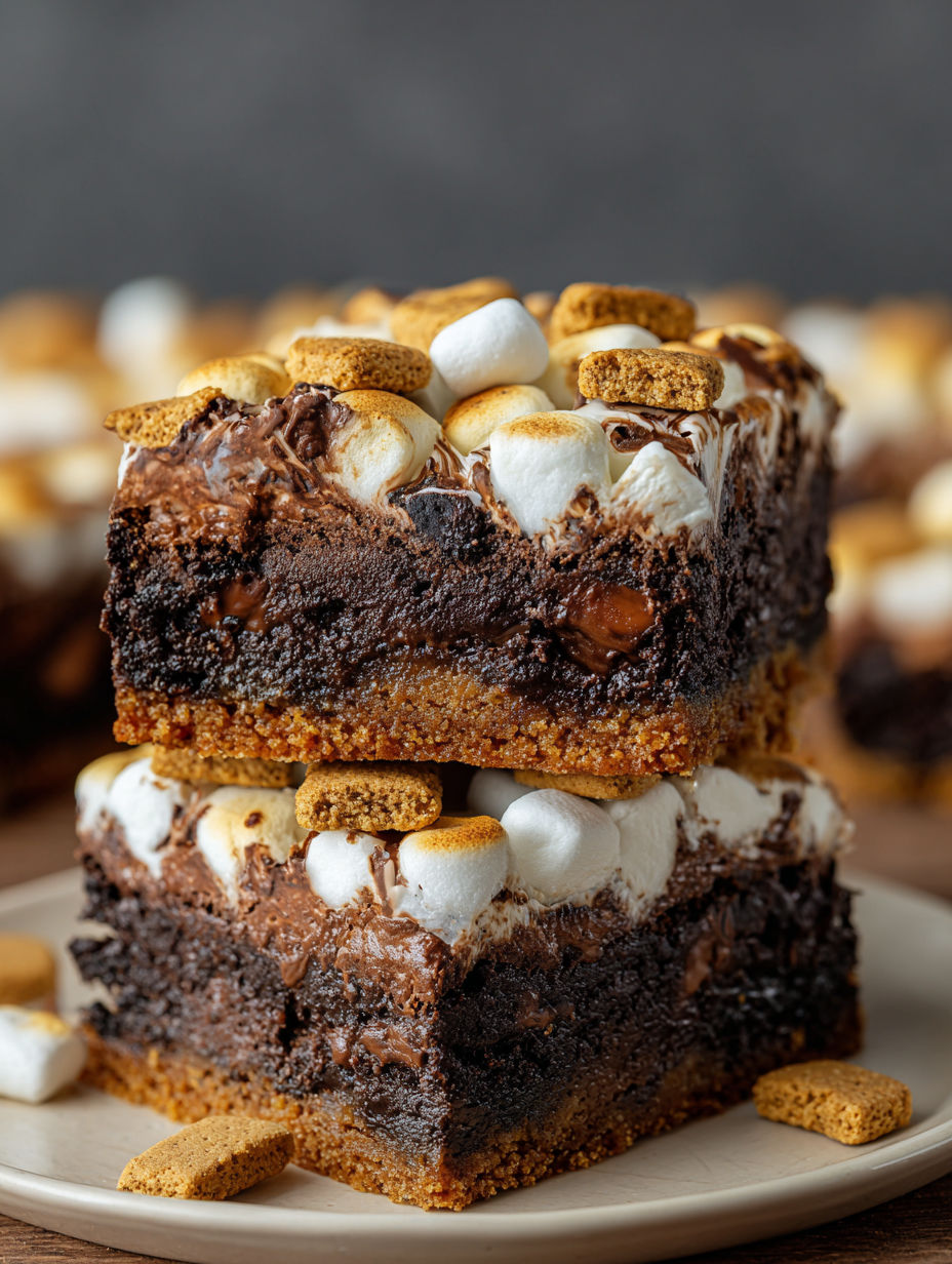A close up of a chocolate brownie with marshmallows on top.