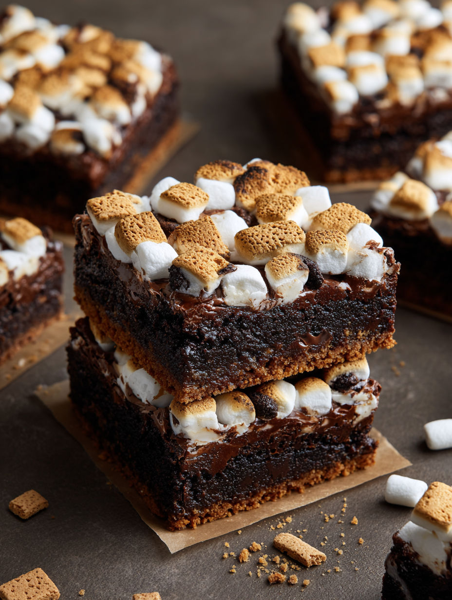 A chocolate brownie with marshmallows on top.