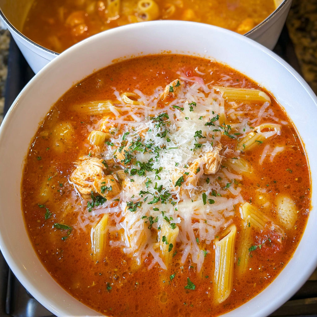 A bowl of chicken Parmesan soup.